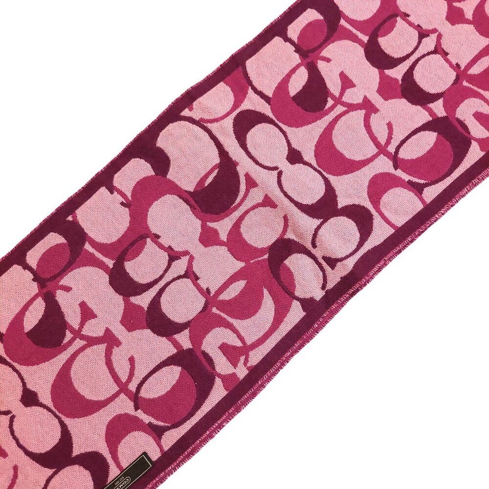 COACH Pink Multi-Color Monogram C Logo Merino Wool Pre-owned Fringed Scarf - Picture 10 of 16